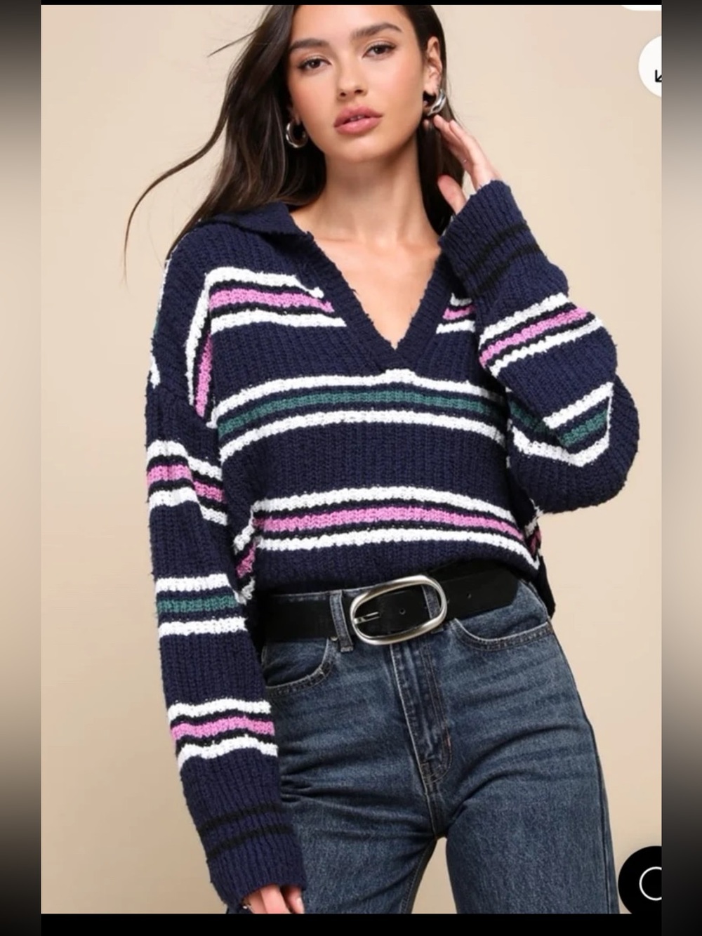 Free People Kennedy Striped Pullover Knit Sweater Navy Blue Pink Size Small
